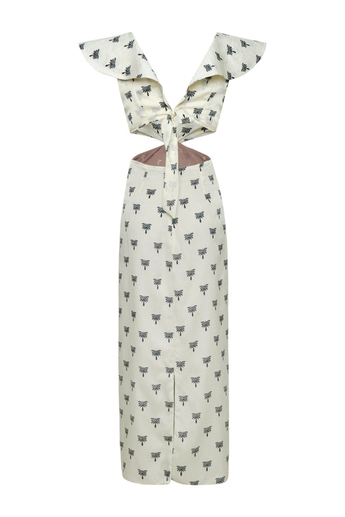 Quetzal Martellato Silk Midi Dress / Ivory - Black Polka Palms